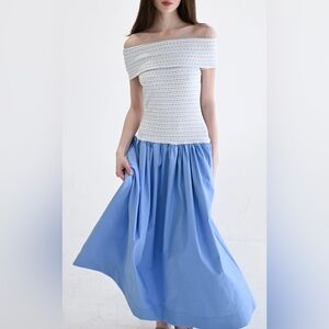 NWT Never A Wallflower Off the Shoulder Dress Beryl Knit Blue & White Size Large